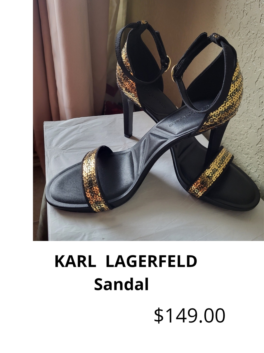 Karl Lagerfeld Black Sandal with Gold Sequin Straps